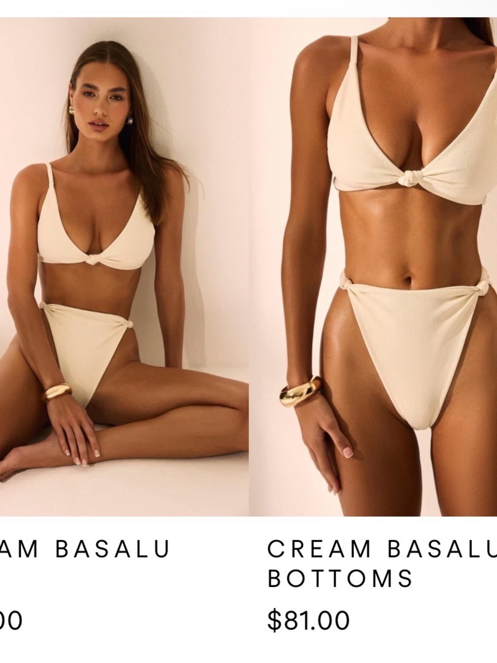 SANORI Basalu Cream Ribbed Knot Bikini Top & High-Cut Bottoms